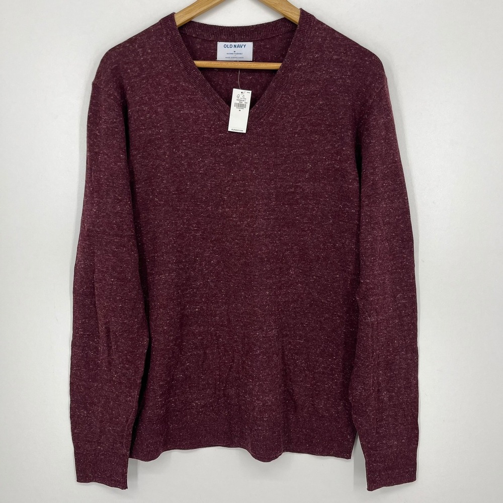 Old Navy Mens V-Neck Sweater Burgundy Heathered Marl Knit Pullover Size M NEW